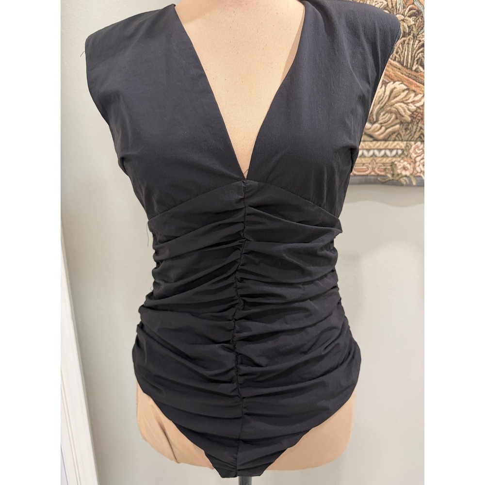 Zara Bodysuit Womens Small Black Plunge V Neck Ruched Back Zip Stretch Slimming